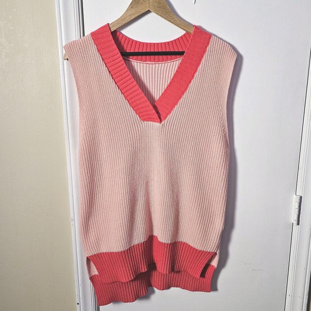 Oversized Colorblock Pink Knit Sweater Vest Size Sm Preppy Academic 80s 90s